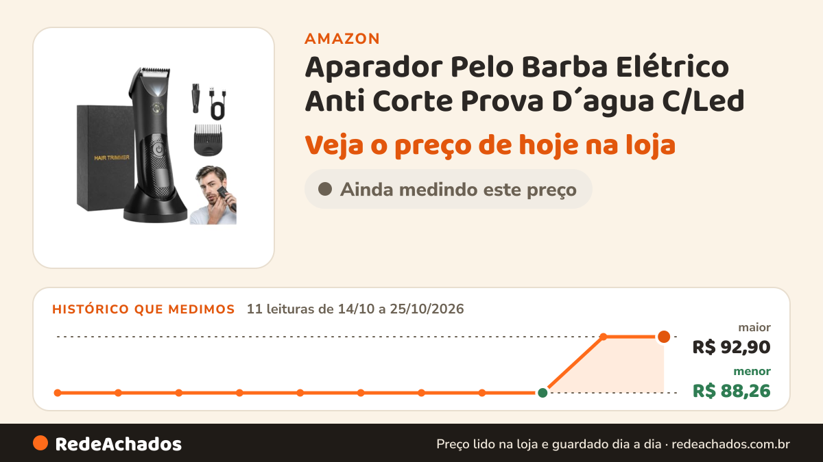Histórico de preço de Aparador Pelo Barba Elétrico Anti Corte Prova D´agua C/Led na Amazon: 11 leituras de 14/10/2026 a 25/10/2026, menor R$ 88,26, maior R$ 92,90
