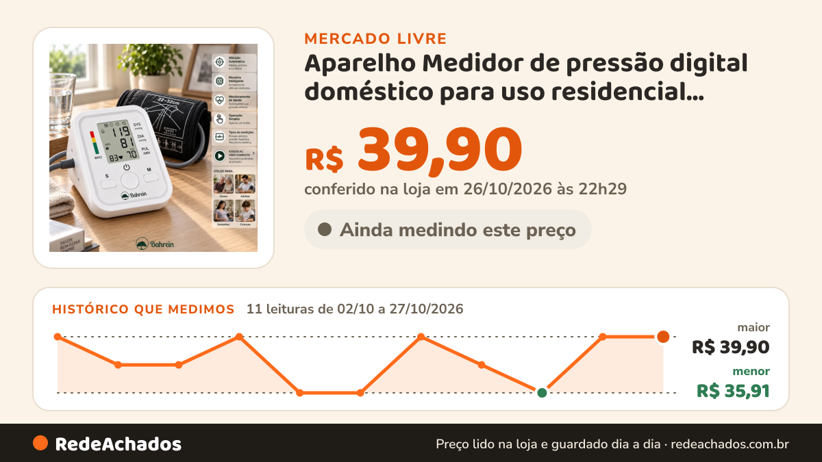 Histórico de preço de Aparelho Medidor de pressão digital doméstico para uso residencial Pressão Arter no Mercado Livre: 11 leituras de 02/10/2026 a 27/10/2026, menor R$ 35,91, maior R$ 39,90; R$ 39,90 conferido em 26/10/2026 às 22h29