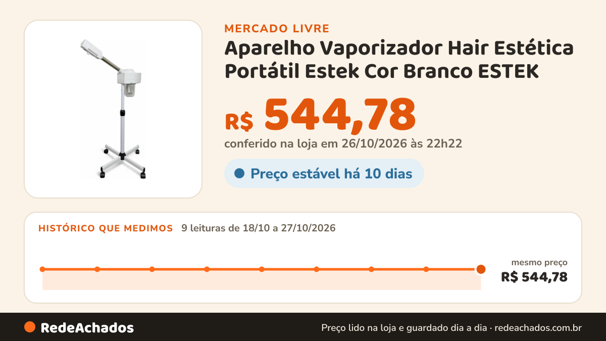 Histórico de preço de Aparelho Vaporizador Hair Estética Portátil Estek Cor Branco ESTEK no Mercado Livre: 9 leituras de 18/10/2026 a 27/10/2026, mesmo preço, R$ 544,78, em todas; R$ 544,78 conferido em 26/10/2026 às 22h22