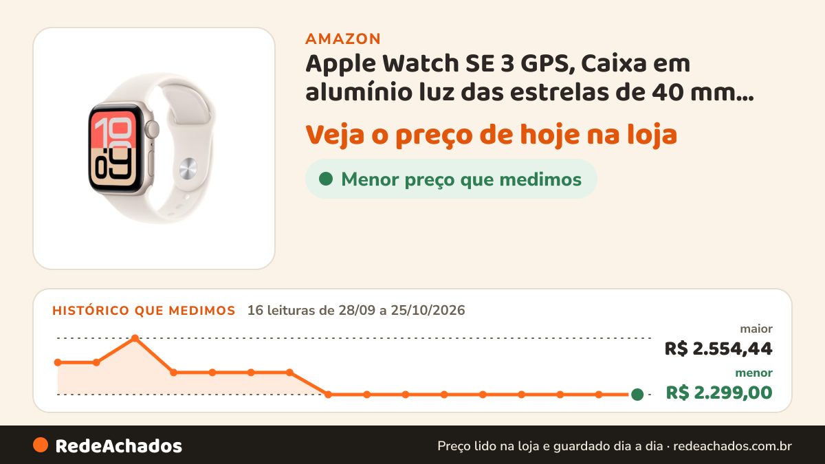 Histórico de preço de Apple Watch SE 3 GPS, Caixa em alumínio luz das estrelas de 40 mm com Bracelete desportiva… na Amazon: 16 leituras de 28/09/2026 a 25/10/2026, menor R$ 2.299,00, maior R$ 2.554,44