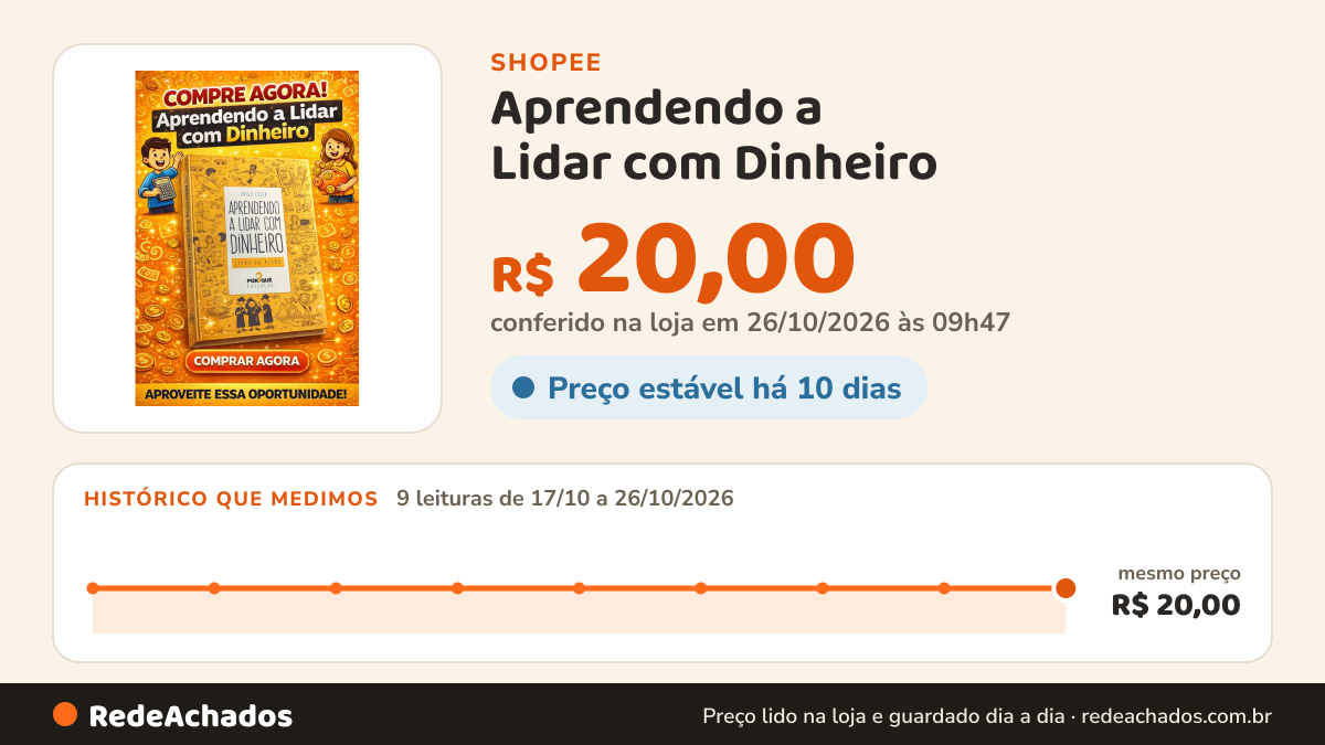 Histórico de preço de Aprendendo a Lidar com Dinheiro – Livro do Aluno | Educação Financeira na Shopee: 9 leituras de 17/10/2026 a 26/10/2026, mesmo preço, R$ 20,00, em todas; R$ 20,00 conferido em 26/10/2026 às 09h47