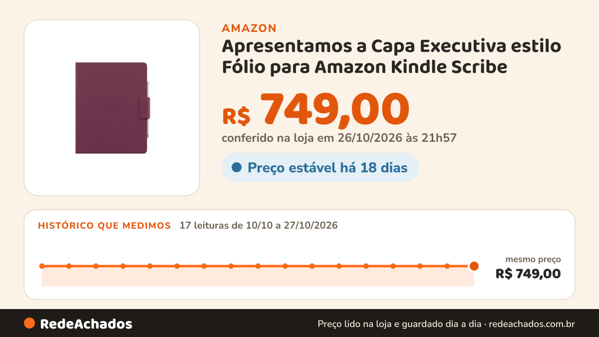 Histórico de preço de Apresentamos a Capa Executiva estilo Fólio para Amazon Kindle Scribe (2026) com Fixação… na Amazon: 17 leituras de 10/10/2026 a 27/10/2026, mesmo preço, R$ 749,00, em todas; R$ 749,00 conferido em 26/10/2026 às 21h57