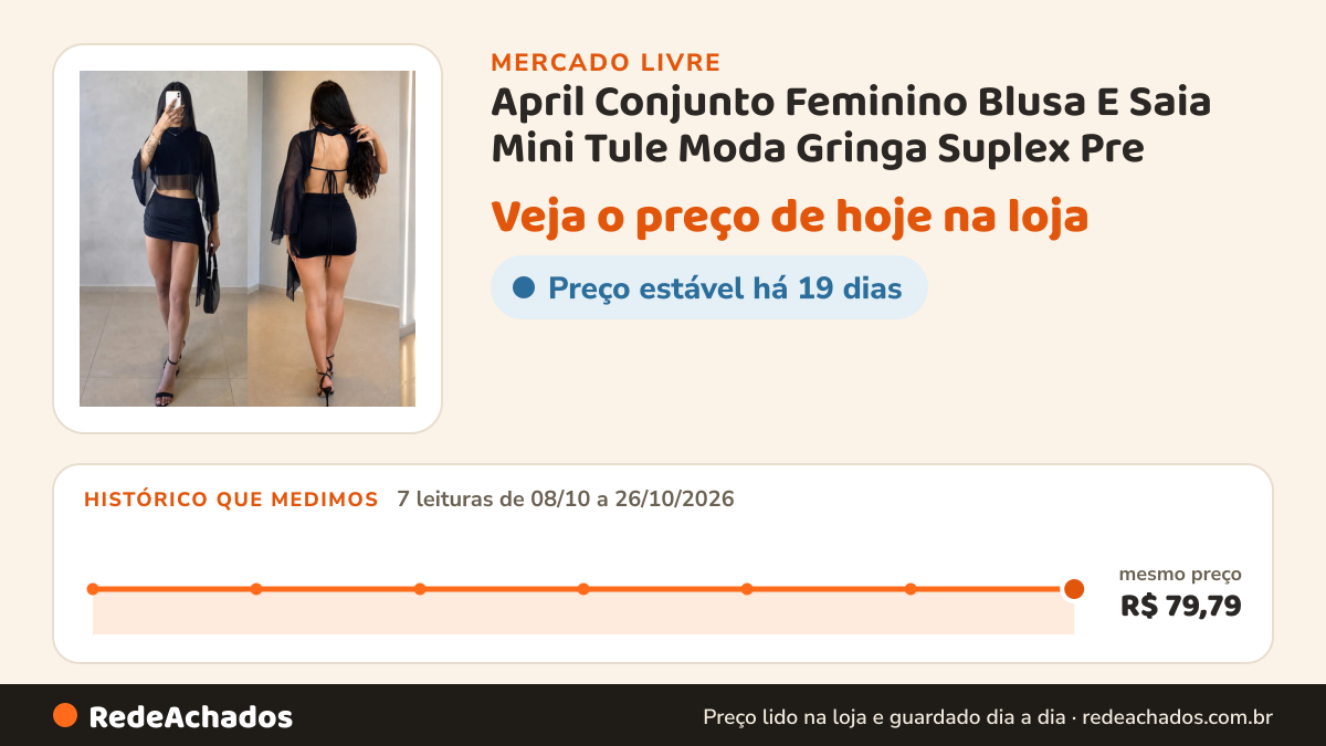 Histórico de preço de April Conjunto Feminino Blusa E Saia Mini Tule Moda Gringa Suplex Pre no Mercado Livre: 7 leituras de 08/10/2026 a 26/10/2026, mesmo preço, R$ 79,79, em todas