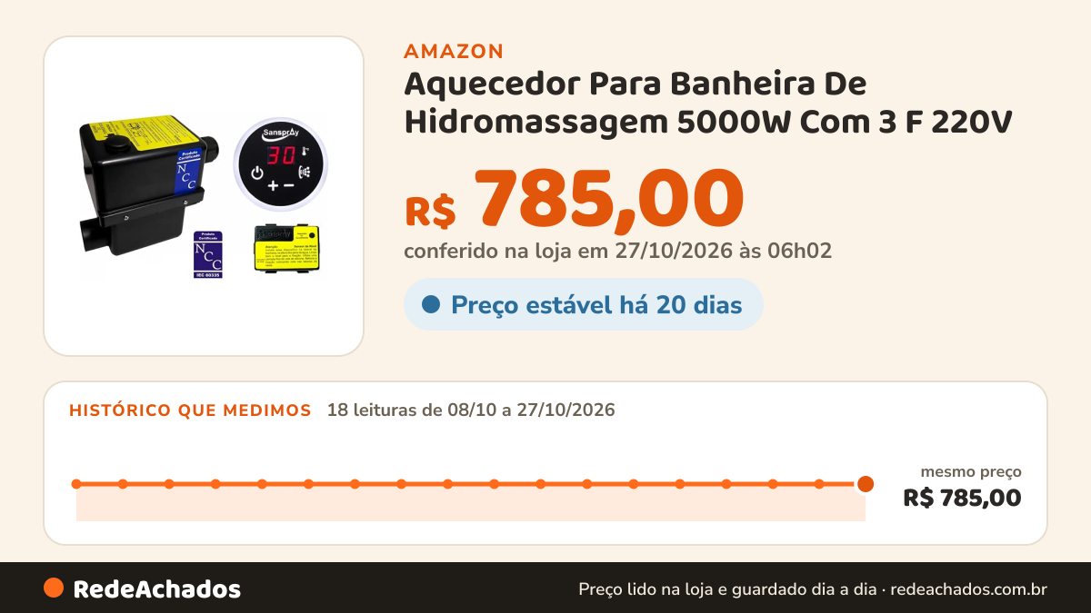Histórico de preço de Aquecedor Para Banheira De Hidromassagem 5000W Com 3 F 220V na Amazon: 18 leituras de 08/10/2026 a 27/10/2026, mesmo preço, R$ 785,00, em todas; R$ 785,00 conferido em 27/10/2026 às 06h02