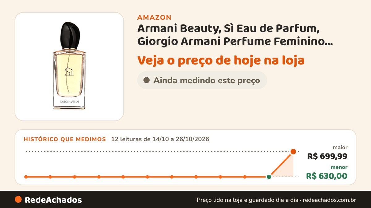 Histórico de preço de Armani Beauty, Sì Eau de Parfum, Giorgio Armani Perfume Feminino Refilável, Chipre… na Amazon: 12 leituras de 14/10/2026 a 26/10/2026, menor R$ 630,00, maior R$ 699,99