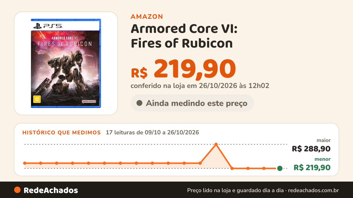 Histórico de preço de Armored Core VI: Fires of Rubicon na Amazon: 16 leituras de 09/10/2026 a 25/10/2026, menor R$ 219,90, maior R$ 288,90; R$ 219,90 conferido em 25/10/2026 às 05h58