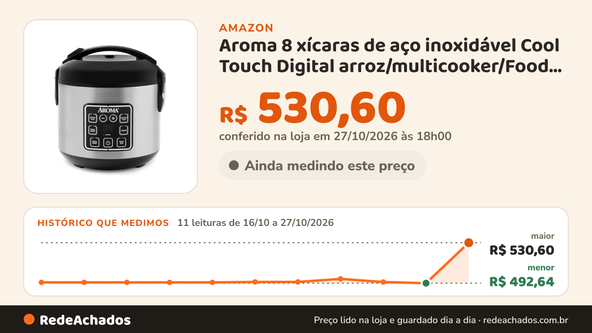 Histórico de preço de Aroma 8 xícaras de aço inoxidável Cool Touch Digital arroz/multicooker/Food Steamer, preto na Amazon: 10 leituras de 16/10/2026 a 26/10/2026, menor R$ 492,64, maior R$ 496,69; R$ 492,64 conferido em 26/10/2026 às 11h59