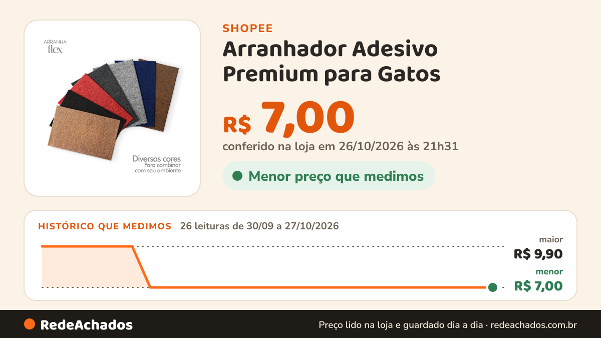 Histórico de preço de Arranhador Adesivo Premium para Gatos – Proteja Seu Sofá com Estilo na Shopee: 26 leituras de 30/09/2026 a 27/10/2026, menor R$ 7,00, maior R$ 9,90; R$ 7,00 conferido em 26/10/2026 às 21h31