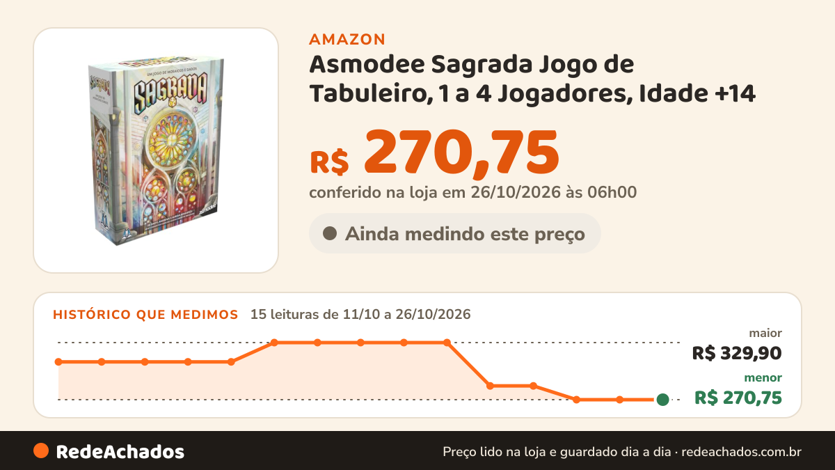 Histórico de preço de Asmodee Sagrada Jogo de Tabuleiro, 1 a 4 Jogadores, Idade +14 na Amazon: 15 leituras de 11/10/2026 a 26/10/2026, menor R$ 270,75, maior R$ 329,90; R$ 270,75 conferido em 26/10/2026 às 06h00