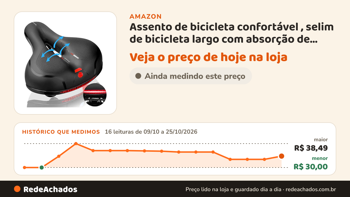 Histórico de preço de Assento de bicicleta confortável , selim de bicicleta largo com absorção de choque… na Amazon: 16 leituras de 09/10/2026 a 25/10/2026, menor R$ 30,00, maior R$ 38,49