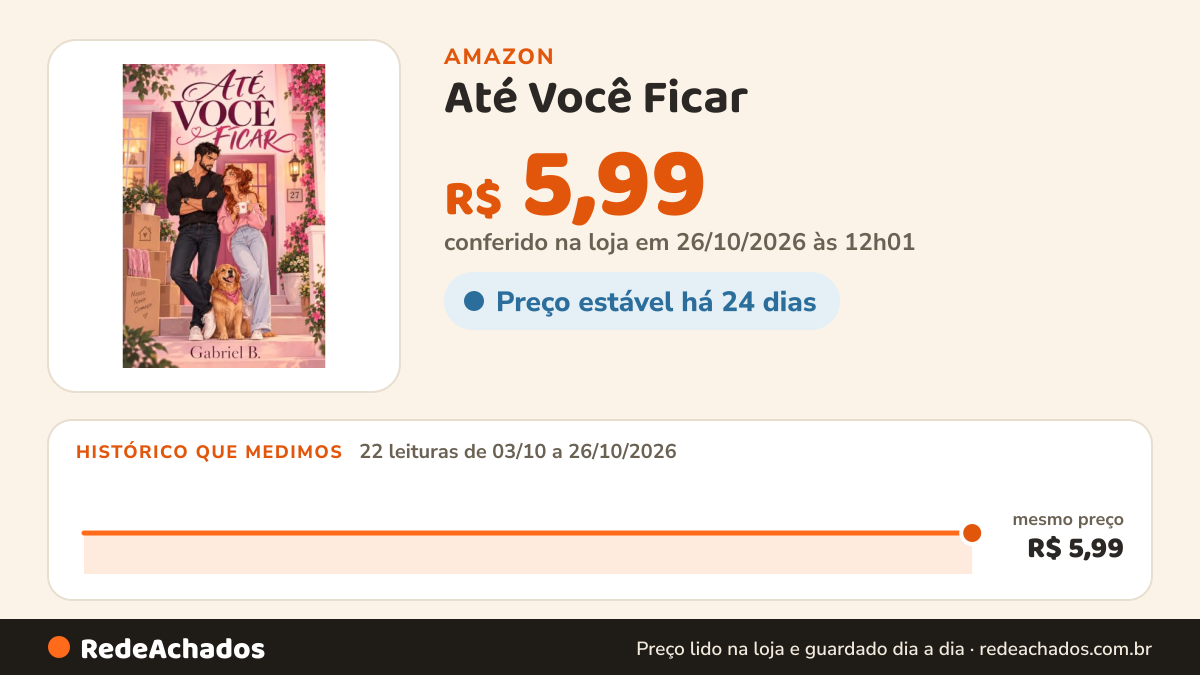 Histórico de preço de Até Você Ficar na Amazon: 21 leituras de 03/10/2026 a 25/10/2026, mesmo preço, R$ 5,99, em todas; R$ 5,99 conferido em 25/10/2026 às 05h58