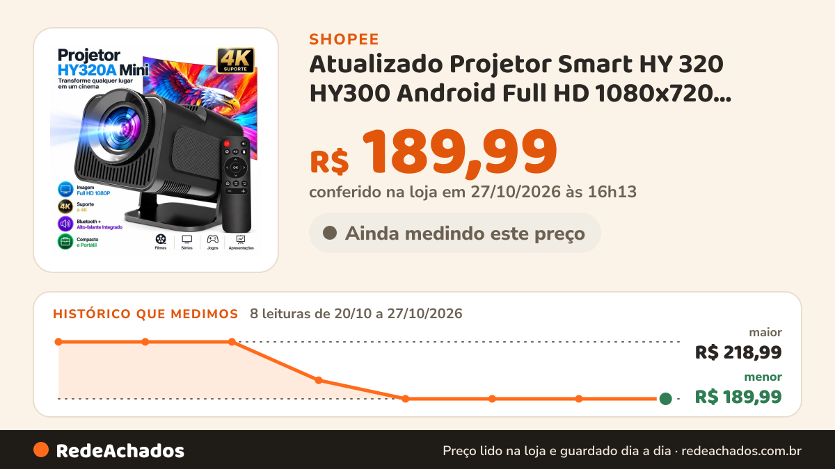Histórico de preço de Atualizado Projetor Smart HY 320 HY300 Android Full HD 1080x720 Bluetooth Wi-fi ATLAS na Shopee: 7 leituras de 20/10/2026 a 26/10/2026, menor R$ 189,99, maior R$ 218,99; R$ 189,99 conferido em 26/10/2026 às 15h19