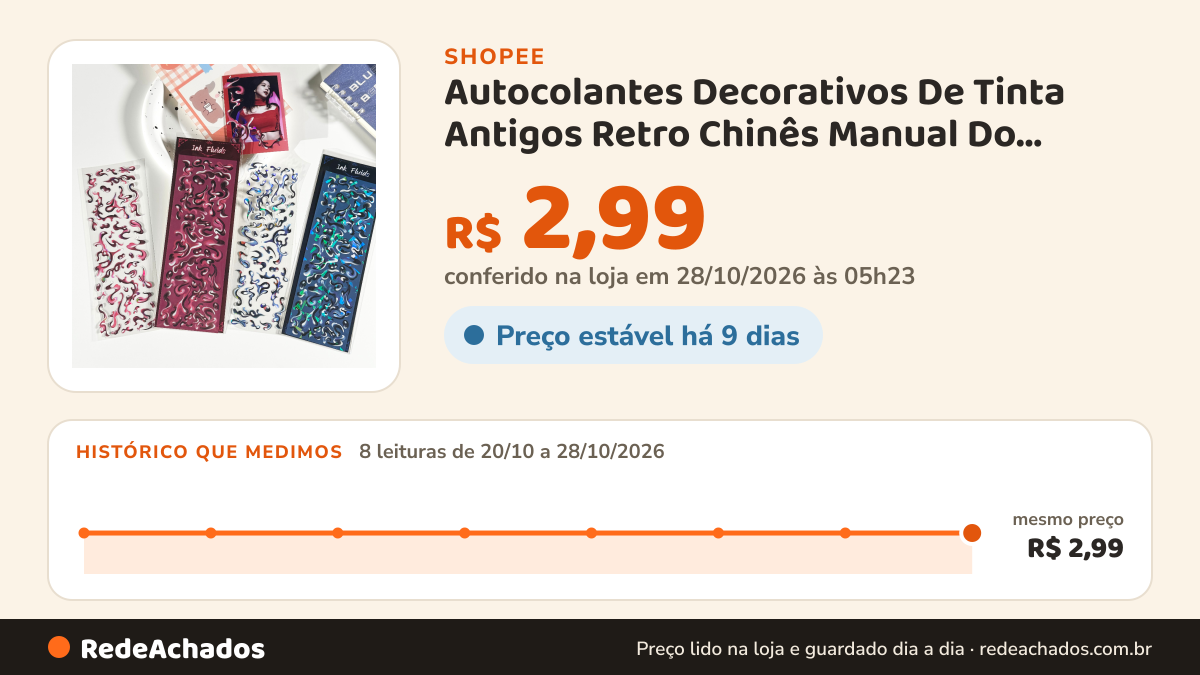 Histórico de preço de Autocolantes Decorativos De Tinta Antigos Retro Chinês Manual Do Álbum De Fotos Star Card… na Shopee: 7 leituras de 20/10/2026 a 27/10/2026, mesmo preço, R$ 2,99, em todas; R$ 2,99 conferido em 27/10/2026 às 04h34
