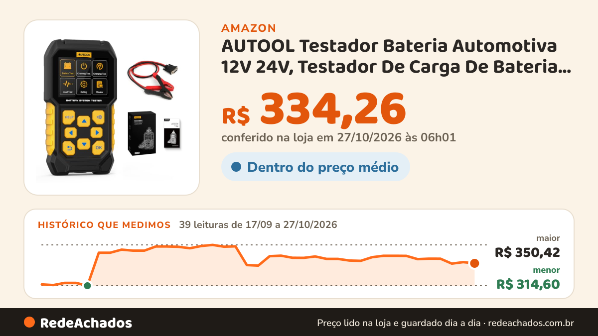 Histórico de preço de AUTOOL Testador Bateria Automotiva 12V 24V, Testador De Carga De Bateria 30-2000 Cca… na Amazon: 39 leituras de 17/09/2026 a 27/10/2026, menor R$ 314,60, maior R$ 350,42; R$ 334,26 conferido em 27/10/2026 às 06h01