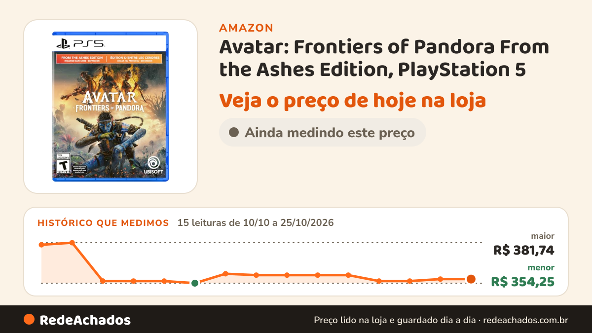Histórico de preço de Avatar: Frontiers of Pandora From the Ashes Edition, PlayStation 5 na Amazon: 15 leituras de 10/10/2026 a 25/10/2026, menor R$ 354,25, maior R$ 381,74