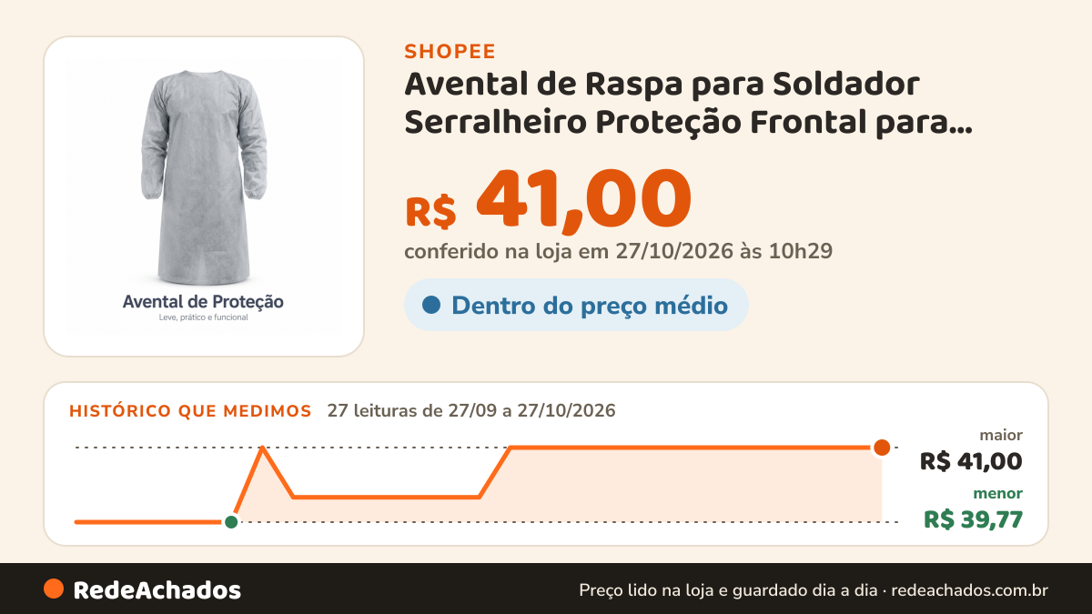 Histórico de preço de Avental de Raspa para Soldador Serralheiro Proteção Frontal para Solda e Trabalho na Shopee: 27 leituras de 27/09/2026 a 27/10/2026, menor R$ 39,77, maior R$ 41,00; R$ 41,00 conferido em 27/10/2026 às 10h29