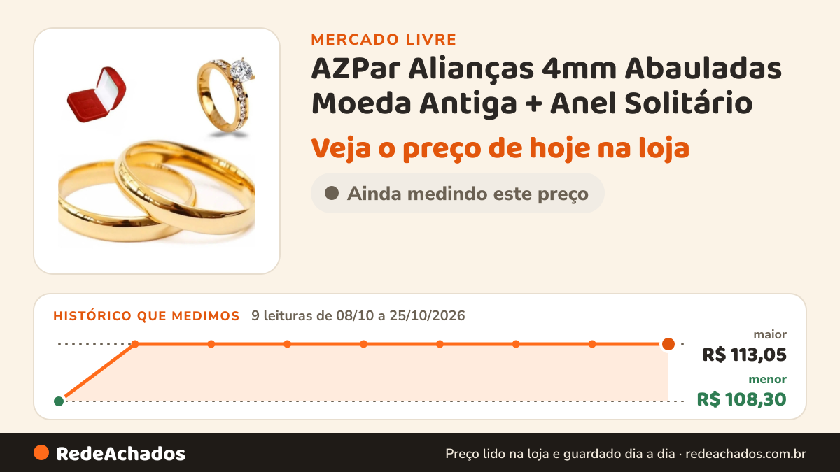 Histórico de preço de AZPar Alianças 4mm Abauladas Moeda Antiga + Anel Solitário no Mercado Livre: 9 leituras de 08/10/2026 a 25/10/2026, menor R$ 108,30, maior R$ 113,05