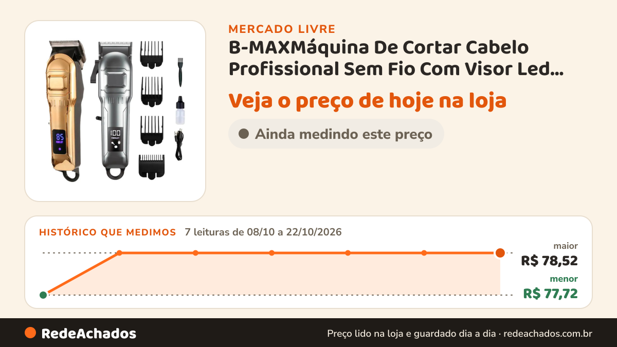 Histórico de preço de B-MAXMáquina De Cortar Cabelo Profissional Sem Fio Com Visor Led Lâm no Mercado Livre: 7 leituras de 08/10/2026 a 22/10/2026, menor R$ 77,72, maior R$ 78,52