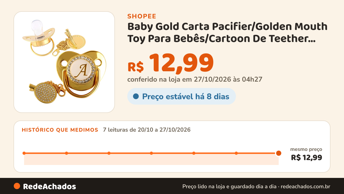 Histórico de preço de Baby Gold Carta Pacifier/Golden Mouth Toy Para Bebês/Cartoon De Teether De Silicone na Shopee: 7 leituras de 20/10/2026 a 27/10/2026, mesmo preço, R$ 12,99, em todas; R$ 12,99 conferido em 27/10/2026 às 04h27