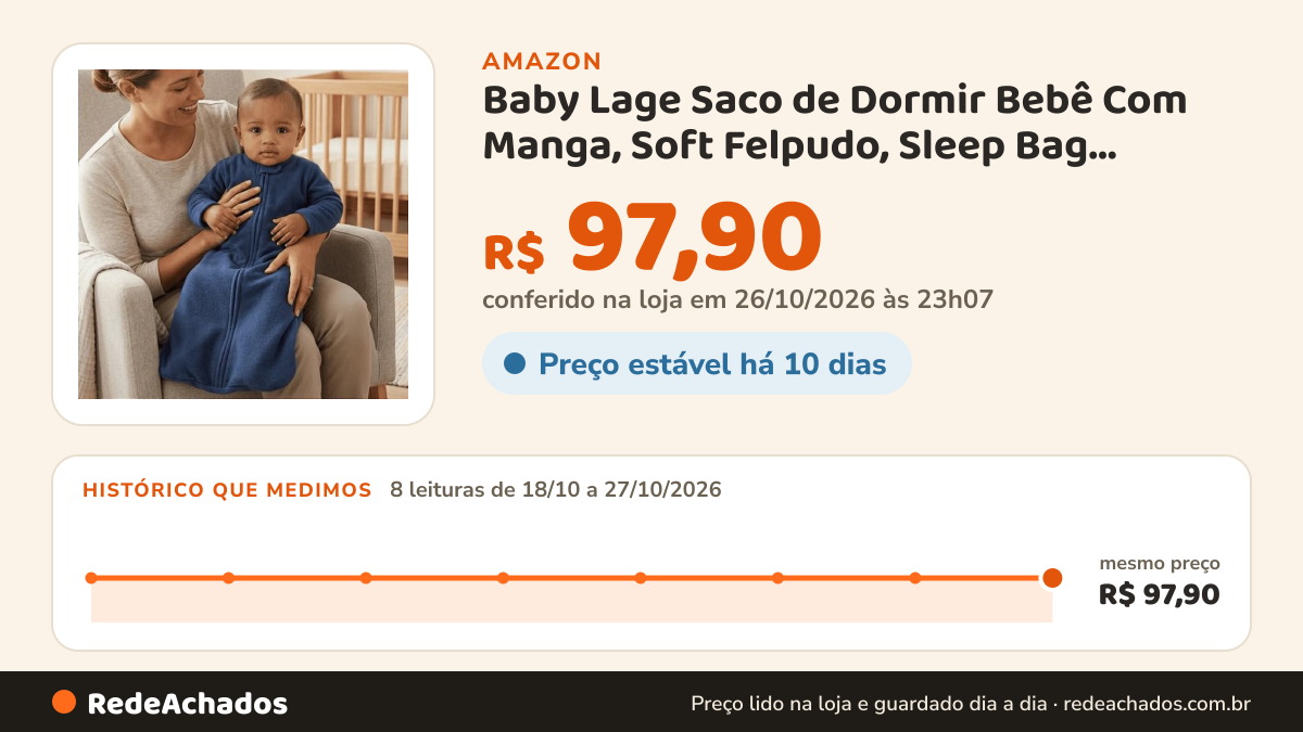 Histórico de preço de Baby Lage Saco de Dormir Bebê Com Manga, Soft Felpudo, Sleep Bag Cobertor de Vestir para… na Amazon: 8 leituras de 18/10/2026 a 27/10/2026, mesmo preço, R$ 97,90, em todas; R$ 97,90 conferido em 26/10/2026 às 23h07