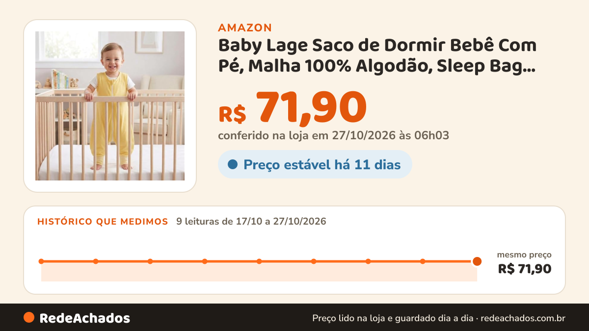 Histórico de preço de Baby Lage Saco de Dormir Bebê Com Pé, Malha 100% Algodão, Sleep Bag Cobertor de Vestir com… na Amazon: 9 leituras de 17/10/2026 a 27/10/2026, mesmo preço, R$ 71,90, em todas; R$ 71,90 conferido em 27/10/2026 às 06h03
