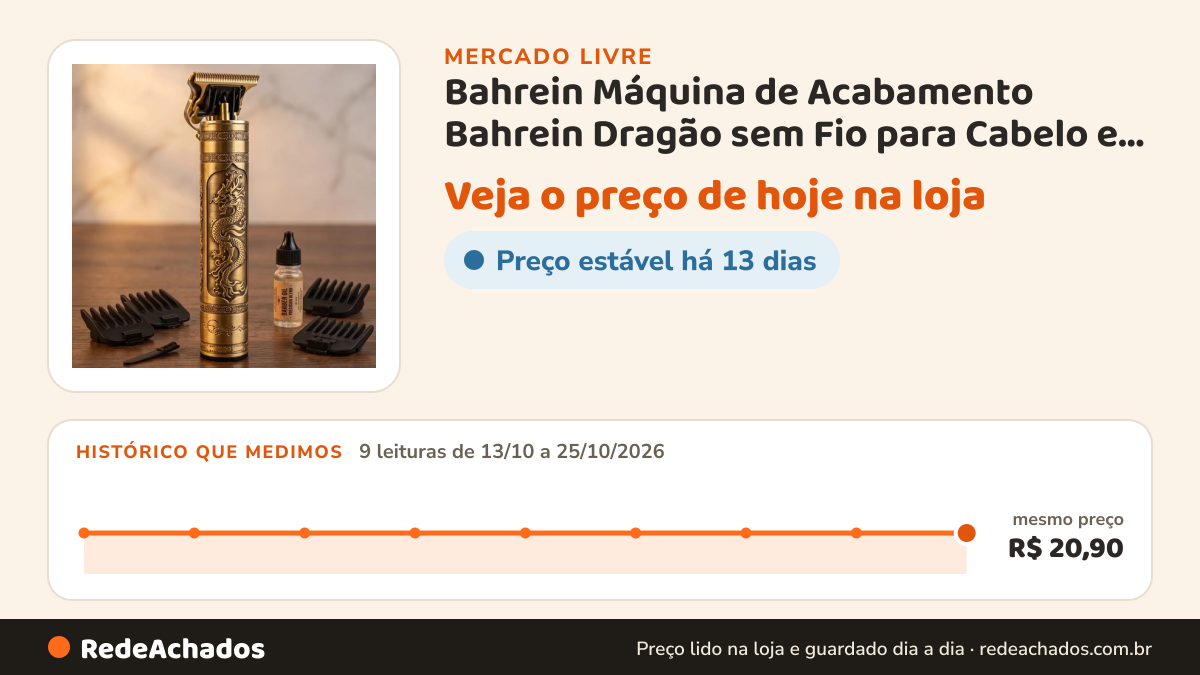 Histórico de preço de Bahrein Máquina de Acabamento Bahrein Dragão sem Fio para Cabelo e Barba no Mercado Livre: 9 leituras de 13/10/2026 a 25/10/2026, mesmo preço, R$ 20,90, em todas