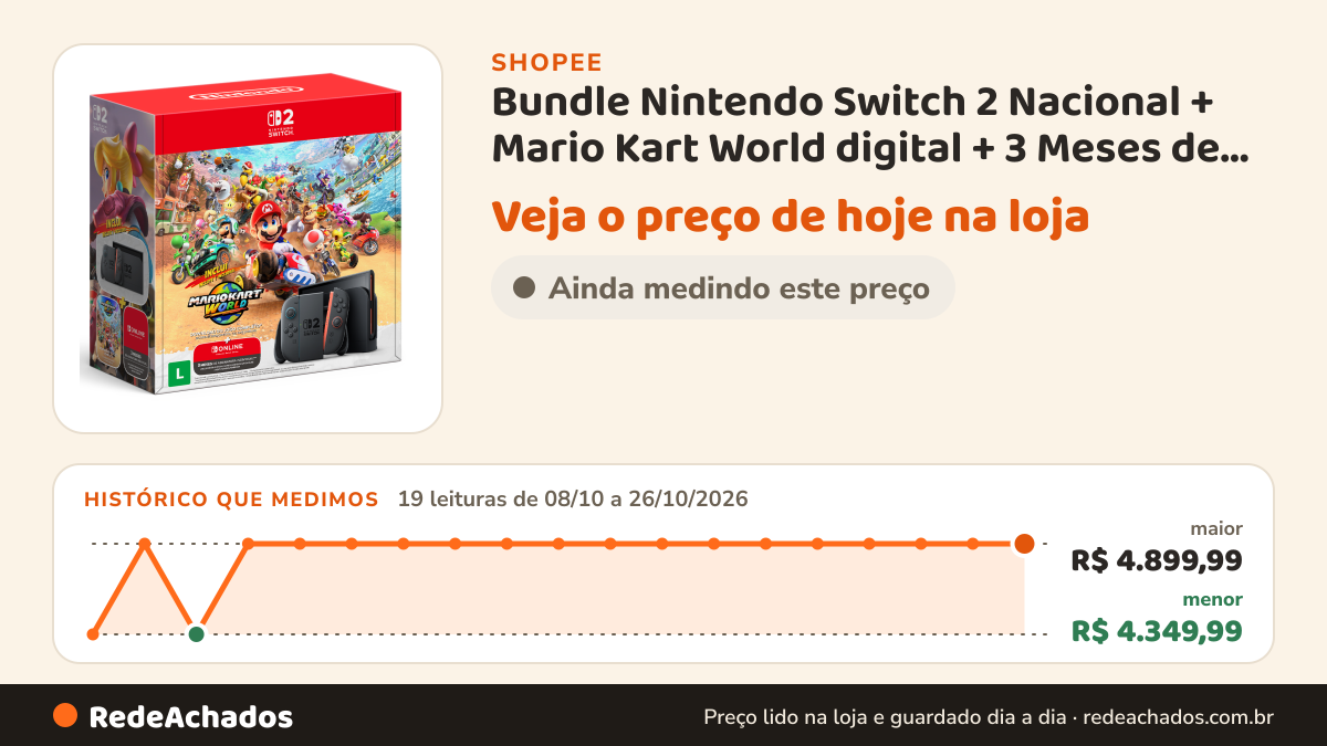 Histórico de preço de Bundle Nintendo Switch 2 Nacional + Mario Kart World digital + 3 Meses de Online na Shopee: 19 leituras de 08/10/2026 a 26/10/2026, menor R$ 4.349,99, maior R$ 4.899,99