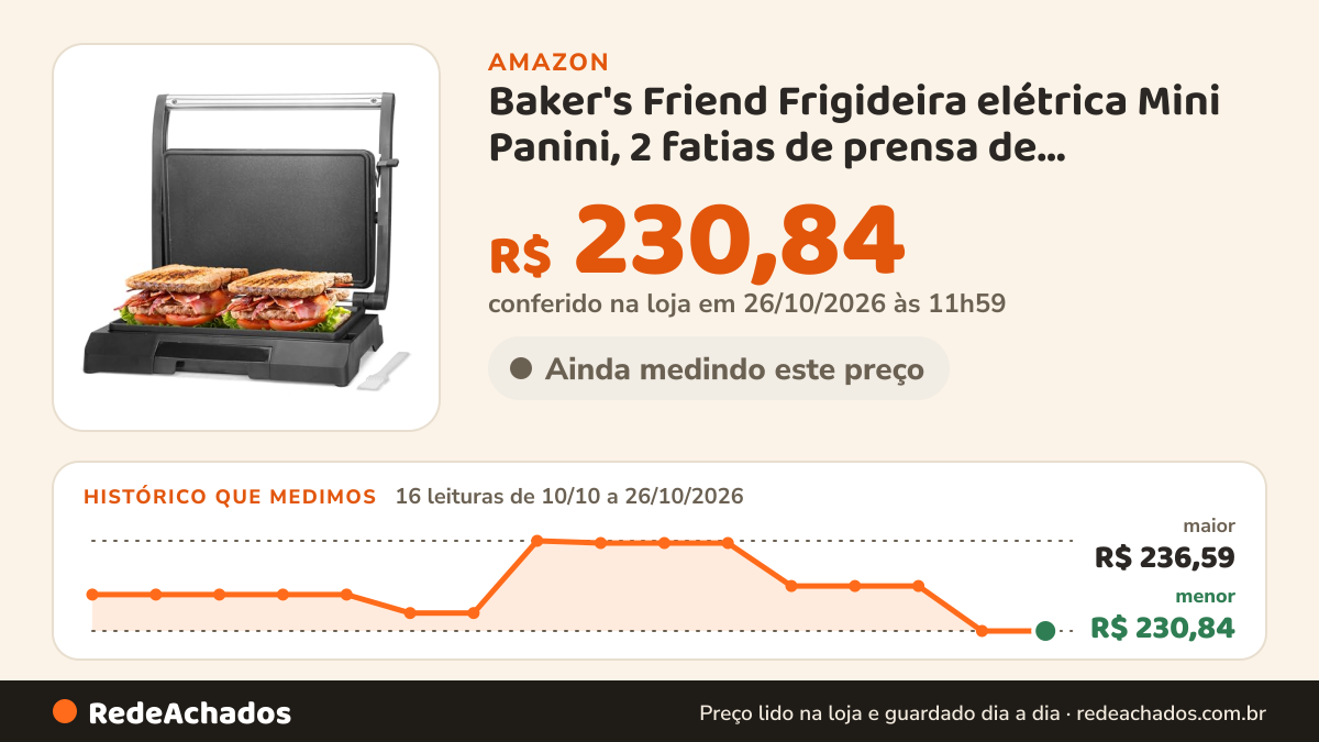 Histórico de preço de Baker's Friend Frigideira elétrica Mini Panini, 2 fatias de prensa de sanduíche Panini… na Amazon: 15 leituras de 10/10/2026 a 25/10/2026, menor R$ 230,84, maior R$ 236,59; R$ 230,84 conferido em 25/10/2026 às 05h57