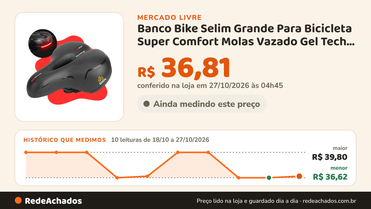 Histórico de preço de Banco Bike Selim Grande Para Bicicleta Super Comfort Molas Vazado Gel Tech Com R no Mercado Livre: 10 leituras de 18/10/2026 a 27/10/2026, menor R$ 36,62, maior R$ 39,80; R$ 36,81 conferido em 27/10/2026 às 04h45