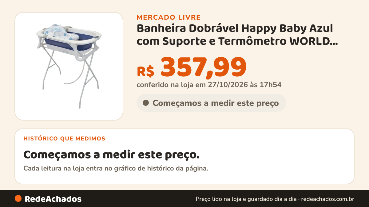 Histórico de preço de Banheira Dobrável Happy Baby Azul com Suporte e Termômetro WORLD BABY no Mercado Livre: 7 leituras de 05/10/2026 a 14/10/2026, menor R$ 273,85, maior R$ 412,48
