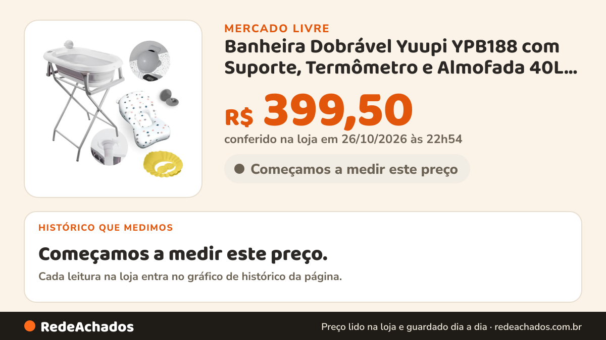 Histórico de preço de Banheira Dobrável Yuupi YPB188 com Suporte, Termômetro e Almofada 40L Cinza no Mercado Livre: 10 leituras de 13/09/2026 a 11/10/2026, menor R$ 350,00, maior R$ 515,90