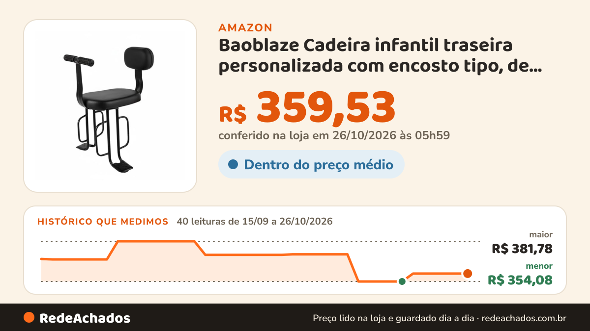 Histórico de preço de Baoblaze Cadeira infantil traseira personalizada com encosto tipo, de braço, para os pés e… na Amazon: 40 leituras de 15/09/2026 a 26/10/2026, menor R$ 354,08, maior R$ 381,78; R$ 359,53 conferido em 26/10/2026 às 05h59
