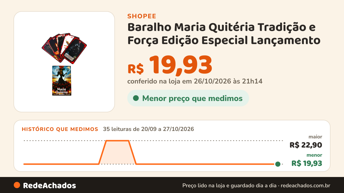 Histórico de preço de Baralho Maria Quitéria Tradição e Força Edição Especial Lançamento na Shopee: 35 leituras de 20/09/2026 a 27/10/2026, menor R$ 19,93, maior R$ 22,90; R$ 19,93 conferido em 26/10/2026 às 21h14