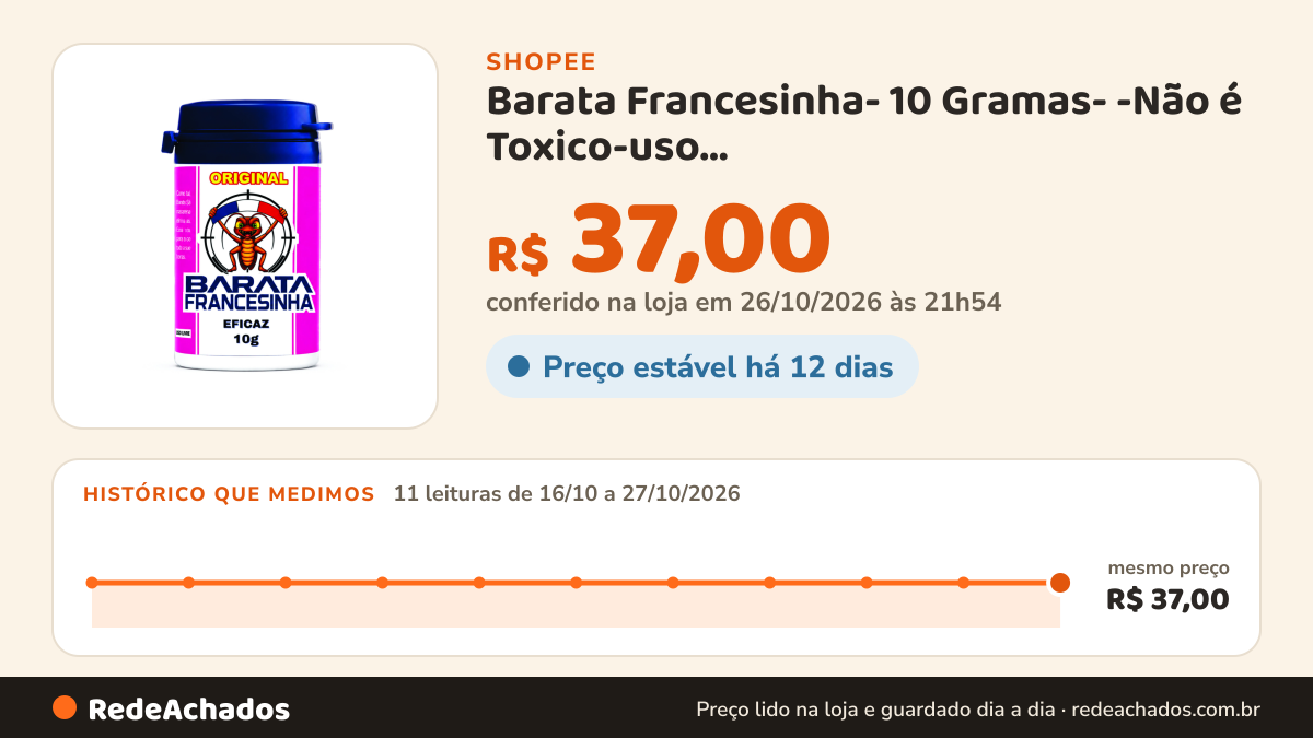 Histórico de preço de Barata Francesinha- 10 Gramas- -Não é Toxico-uso doméstico-cozinha-apartamento-armario na Shopee: 11 leituras de 16/10/2026 a 27/10/2026, mesmo preço, R$ 37,00, em todas; R$ 37,00 conferido em 26/10/2026 às 21h54