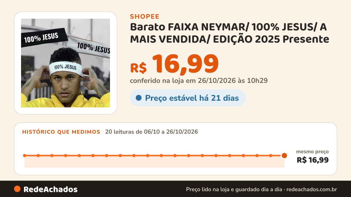 Histórico de preço de Barato FAIXA NEYMAR/ 100% JESUS/ A MAIS VENDIDA/ EDIÇÃO 2025 Presente na Shopee: 19 leituras de 06/10/2026 a 25/10/2026, mesmo preço, R$ 16,99, em todas; R$ 16,99 conferido em 25/10/2026 às 09h14
