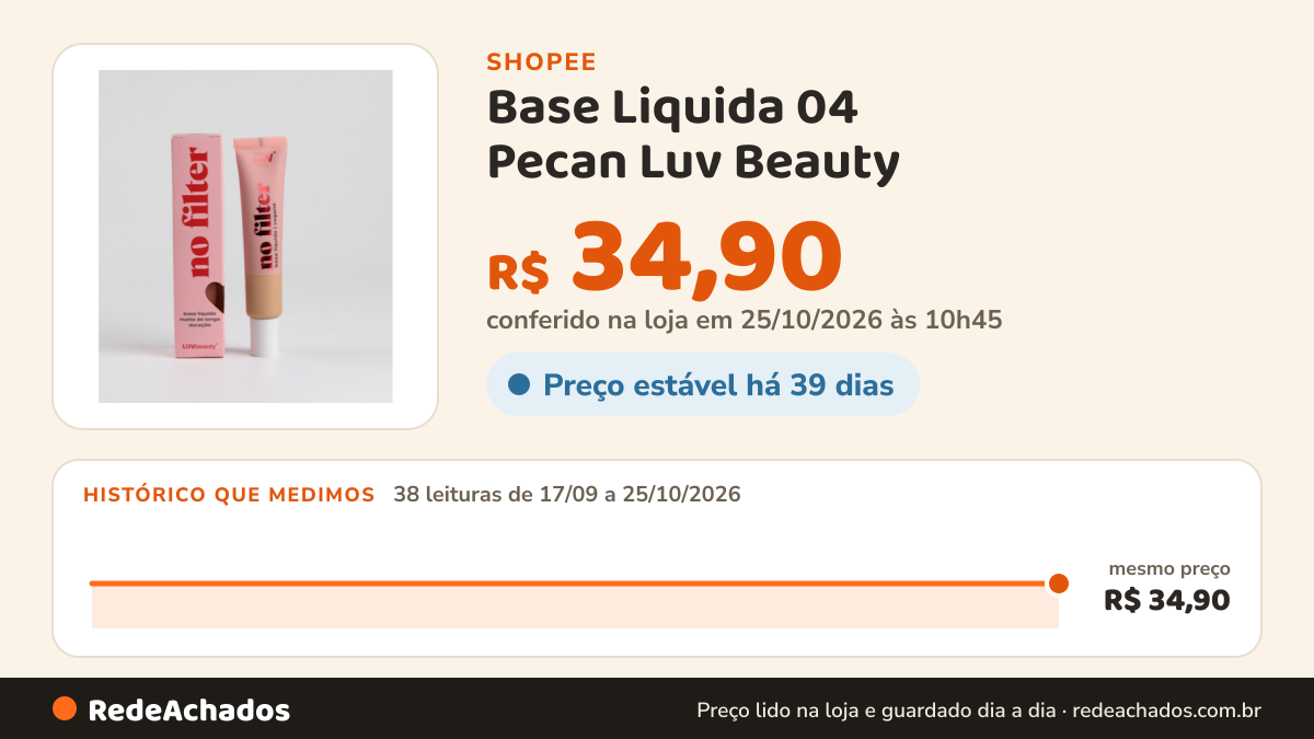 Histórico de preço de Base Liquida 04 Pecan Luv Beauty na Shopee: 38 leituras de 17/09/2026 a 25/10/2026, mesmo preço, R$ 34,90, em todas; R$ 34,90 conferido em 25/10/2026 às 10h45