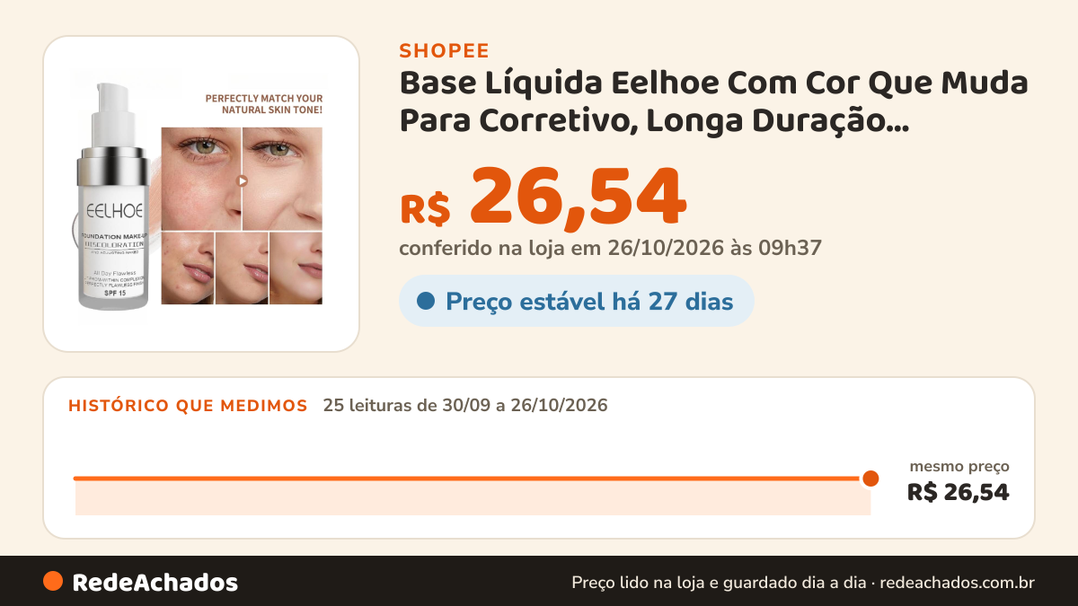 Histórico de preço de Base Líquida Eelhoe Com Cor Que Muda Para Corretivo, Longa Duração, Hidratação, À Prova… na Shopee: 25 leituras de 30/09/2026 a 26/10/2026, mesmo preço, R$ 26,54, em todas; R$ 26,54 conferido em 26/10/2026 às 09h37