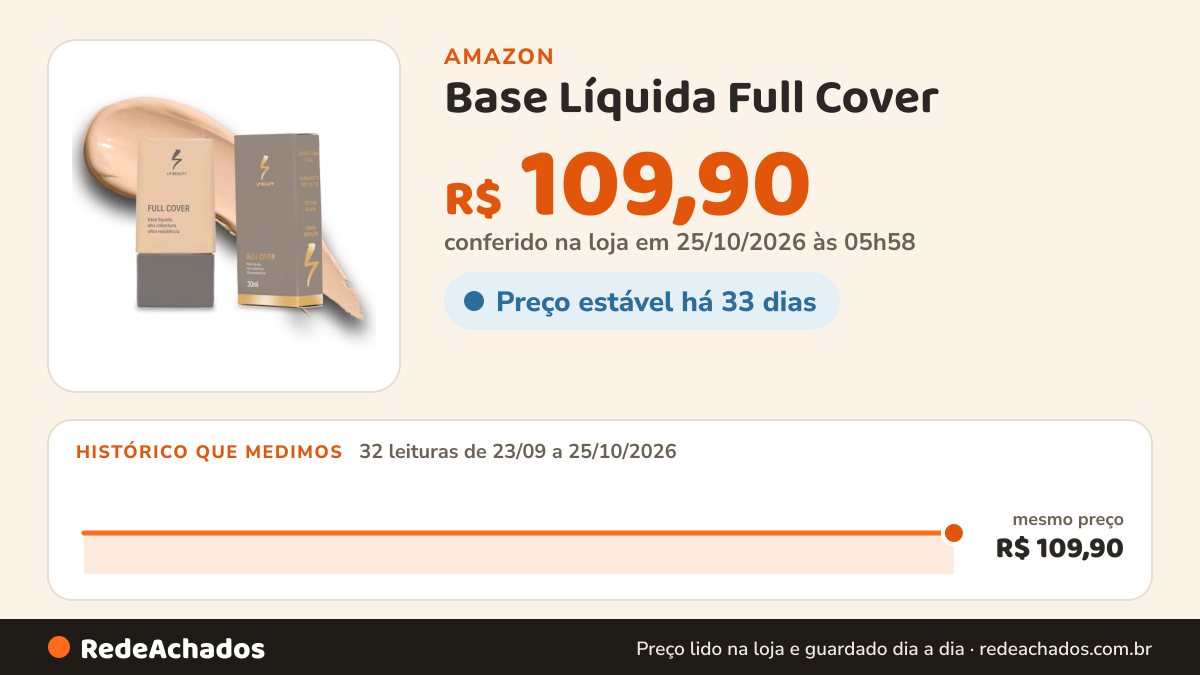 Histórico de preço de Base Líquida Full Cover (4F) na Amazon: 32 leituras de 23/09/2026 a 25/10/2026, mesmo preço, R$ 109,90, em todas; R$ 109,90 conferido em 25/10/2026 às 05h58
