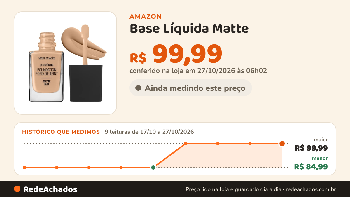 Histórico de preço de Base Líquida Matte - Photo Focus Matte Foundation - Bronze Beige na Amazon: 9 leituras de 17/10/2026 a 27/10/2026, menor R$ 84,99, maior R$ 99,99; R$ 99,99 conferido em 27/10/2026 às 06h02