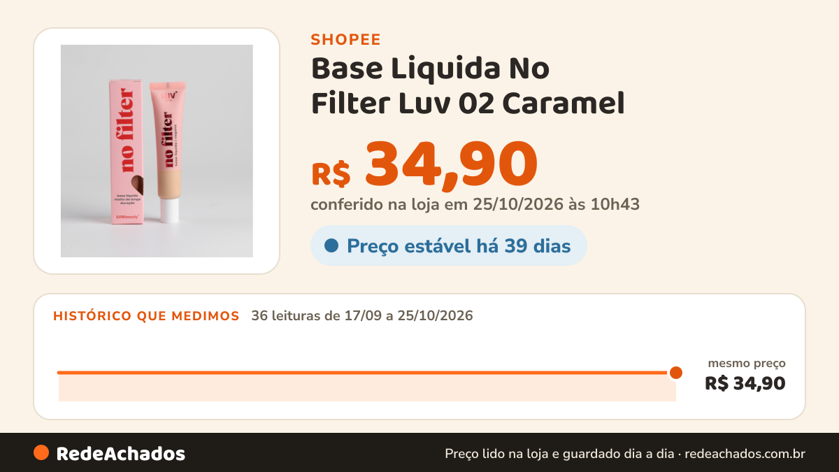Histórico de preço de Base Liquida No Filter Luv 02 Caramel na Shopee: 36 leituras de 17/09/2026 a 25/10/2026, mesmo preço, R$ 34,90, em todas; R$ 34,90 conferido em 25/10/2026 às 10h43