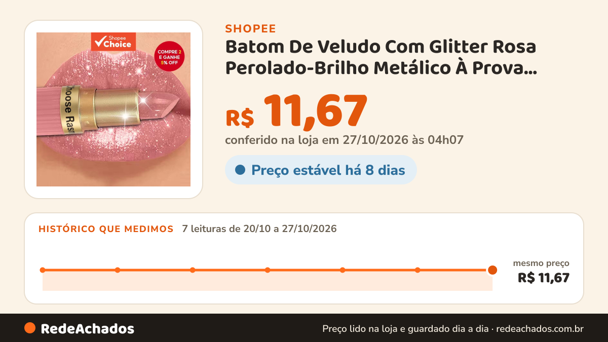 Histórico de preço de Batom De Veludo Com Glitter Rosa Perolado-Brilho Metálico À Prova D'água De Longa Duração… na Shopee: 7 leituras de 20/10/2026 a 27/10/2026, mesmo preço, R$ 11,67, em todas; R$ 11,67 conferido em 27/10/2026 às 04h07