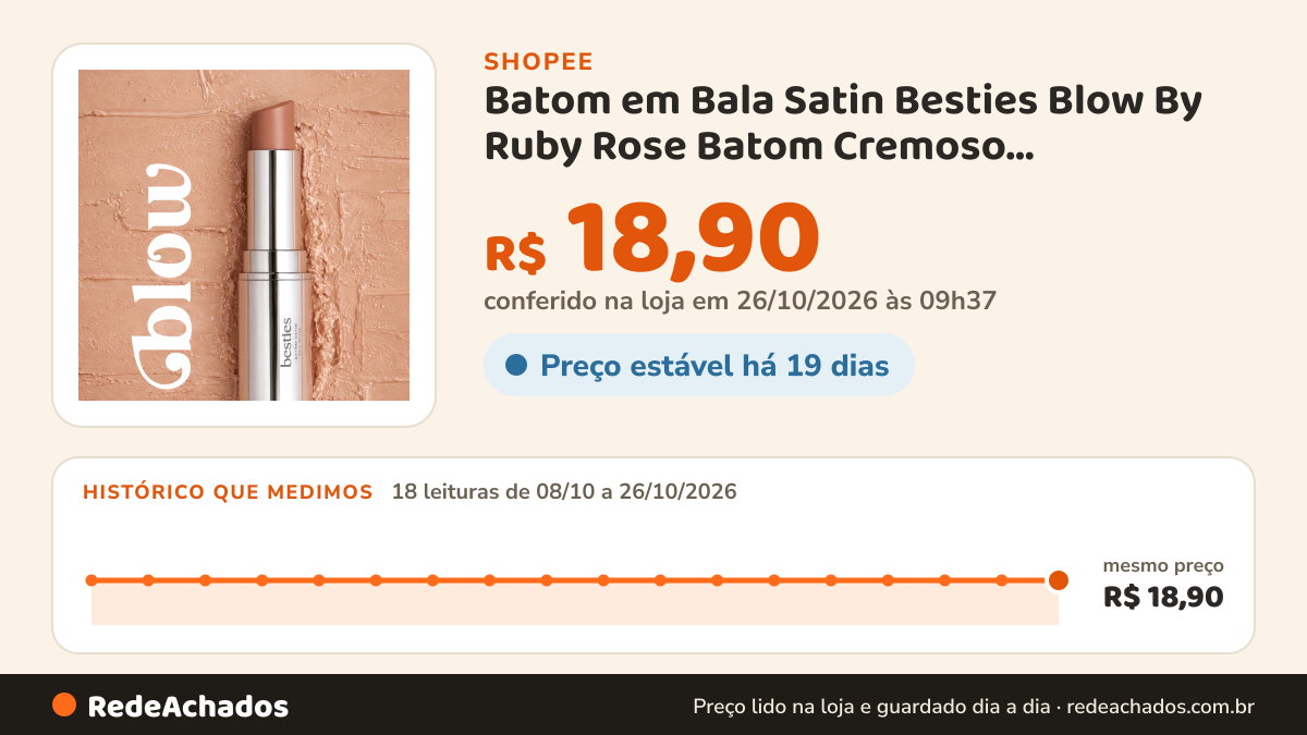 Histórico de preço de Batom em Bala Satin Besties Blow By Ruby Rose Batom Cremoso Maquiagem Lábios na Shopee: 18 leituras de 08/10/2026 a 26/10/2026, mesmo preço, R$ 18,90, em todas; R$ 18,90 conferido em 26/10/2026 às 09h37