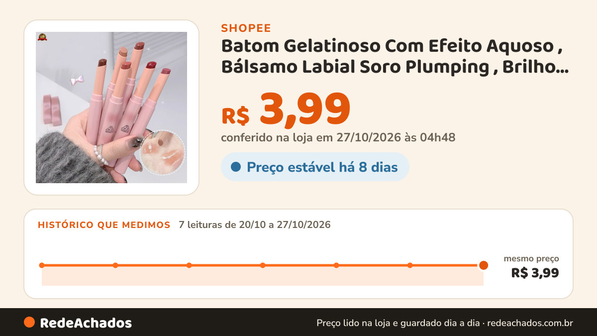 Histórico de preço de Batom Gelatinoso Com Efeito Aquoso , Bálsamo Labial Soro Plumping , Brilho Super… na Shopee: 7 leituras de 20/10/2026 a 27/10/2026, mesmo preço, R$ 3,99, em todas; R$ 3,99 conferido em 27/10/2026 às 04h48