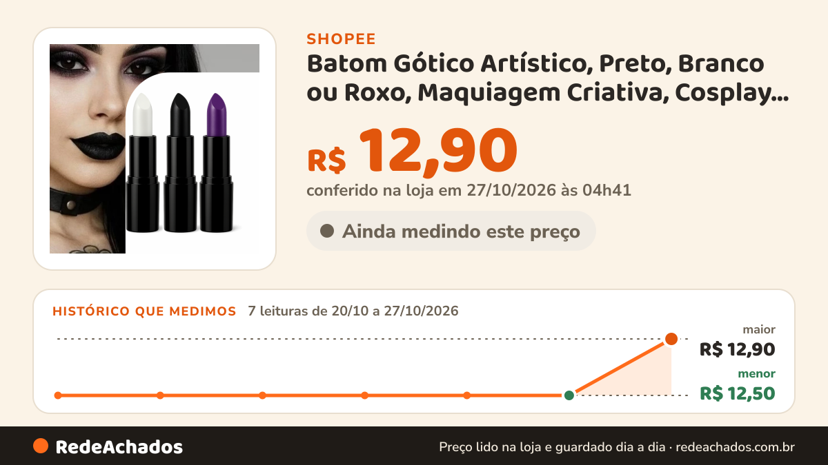 Histórico de preço de Batom Gótico Artístico, Preto, Branco ou Roxo, Maquiagem Criativa, Cosplay e Festas… na Shopee: 7 leituras de 20/10/2026 a 27/10/2026, menor R$ 12,50, maior R$ 12,90; R$ 12,90 conferido em 27/10/2026 às 04h41