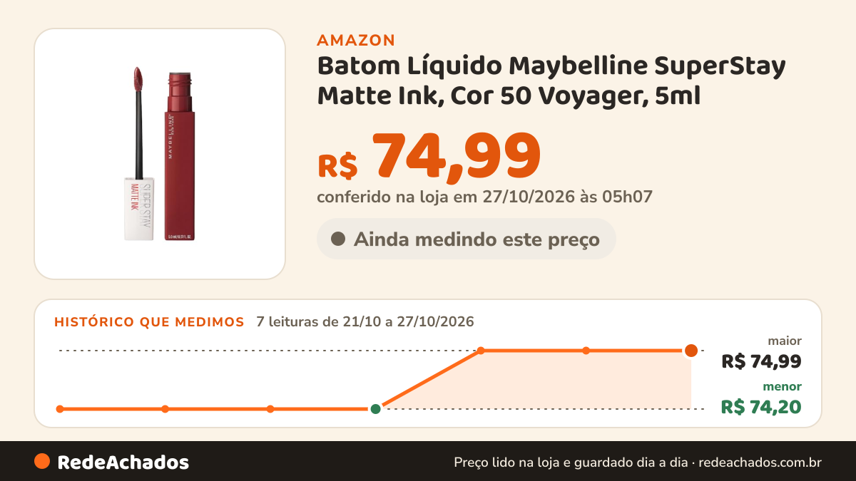 Histórico de preço de Batom Líquido Maybelline SuperStay Matte Ink, Cor 50 Voyager, 5ml na Amazon: 7 leituras de 21/10/2026 a 27/10/2026, menor R$ 74,20, maior R$ 74,99; R$ 74,99 conferido em 27/10/2026 às 05h07