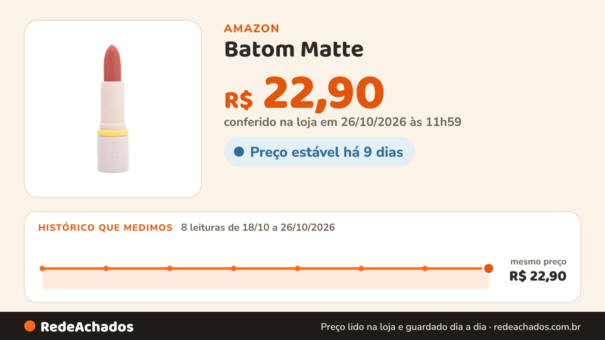 Histórico de preço de Batom Matte - Terracota - Cor 05 Jasmyne na Amazon: 8 leituras de 18/10/2026 a 26/10/2026, mesmo preço, R$ 22,90, em todas; R$ 22,90 conferido em 26/10/2026 às 11h59