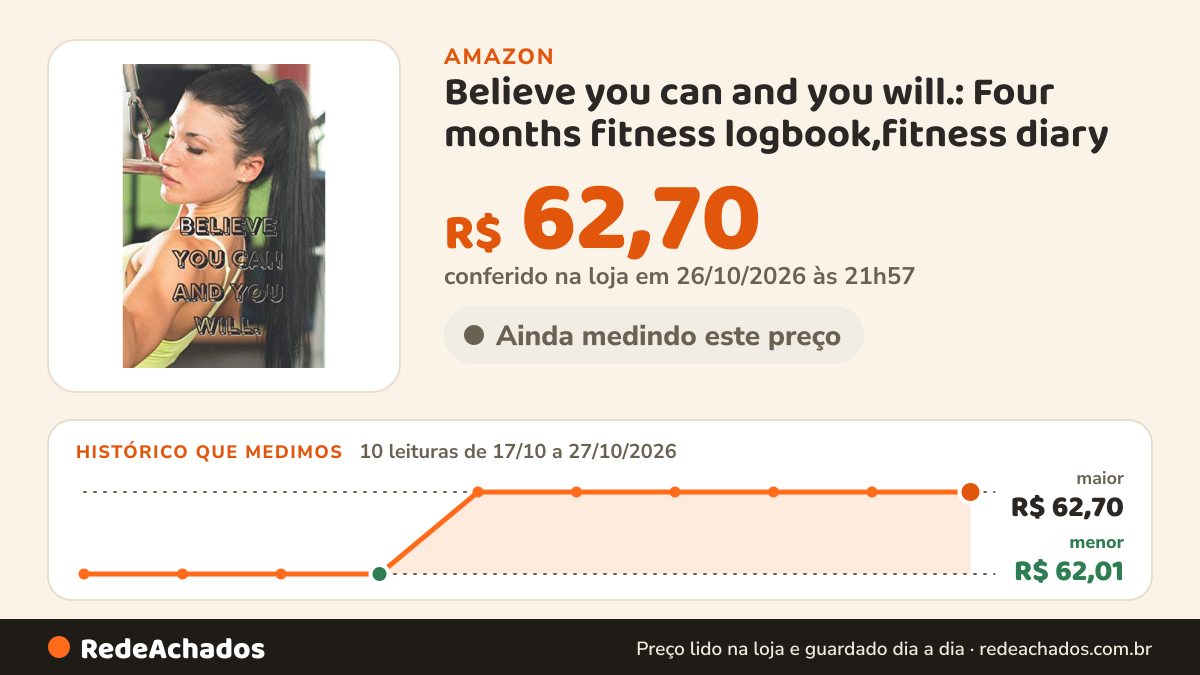 Histórico de preço de Believe you can and you will.: Four months fitness logbook,fitness diary na Amazon: 10 leituras de 17/10/2026 a 27/10/2026, menor R$ 62,01, maior R$ 62,70; R$ 62,70 conferido em 26/10/2026 às 21h57