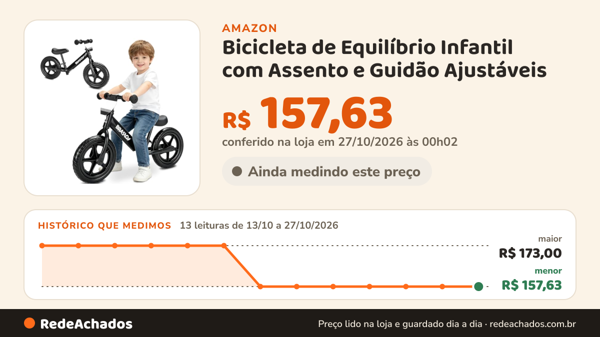 Histórico de preço de Bicicleta de Equilíbrio Infantil com Assento e Guidão Ajustáveis (Preto) na Amazon: 13 leituras de 13/10/2026 a 27/10/2026, menor R$ 157,63, maior R$ 173,00; R$ 157,63 conferido em 27/10/2026 às 00h02