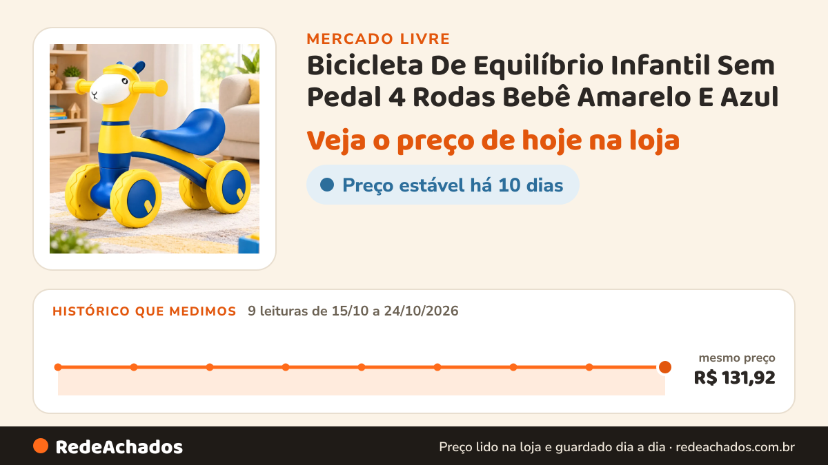 Histórico de preço de Bicicleta De Equilíbrio Infantil Sem Pedal 4 Rodas Bebê Amarelo E Azul no Mercado Livre: 9 leituras de 15/10/2026 a 24/10/2026, mesmo preço, R$ 131,92, em todas