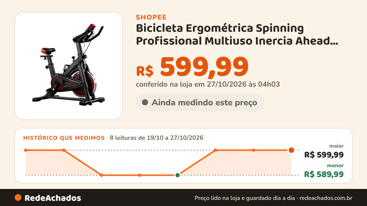 Histórico de preço de Bicicleta Ergométrica Spinning Profissional Multiuso Inercia Ahead Sports na Shopee: 8 leituras de 19/10/2026 a 27/10/2026, menor R$ 589,99, maior R$ 599,99; R$ 599,99 conferido em 27/10/2026 às 04h03
